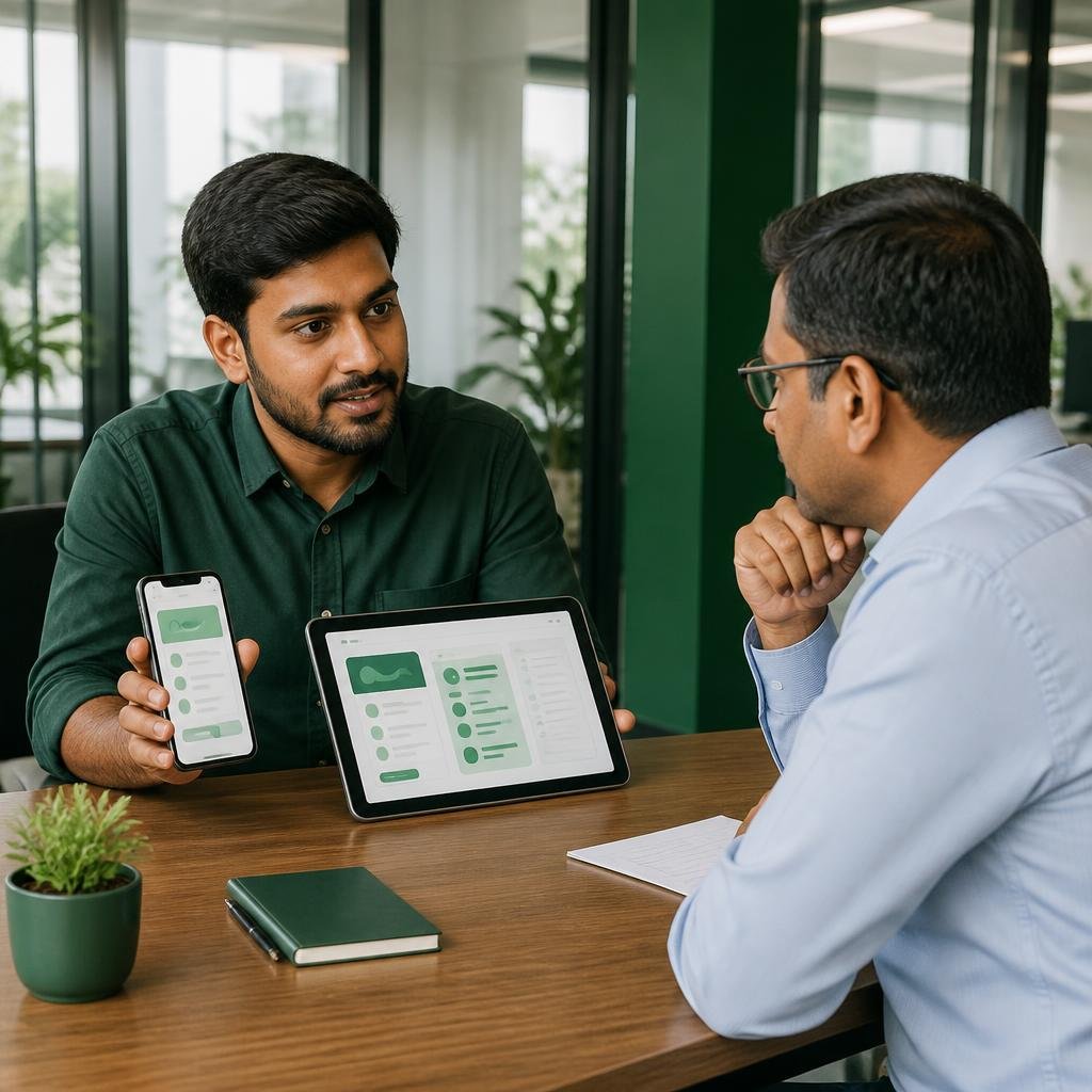 Illustrative scene of a developer showing a mobile app on a phone and tablet