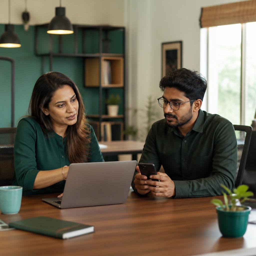 Illustrative scene of a small-business owner and developer reviewing a website on a laptop