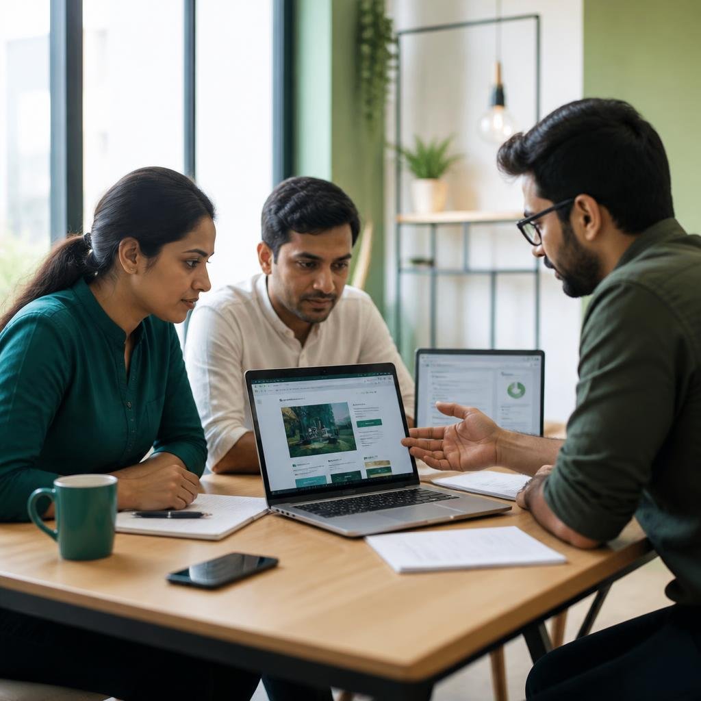 Illustrative scene of a team reviewing a business website together